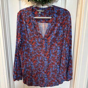 Market & Spruce Blue & Red Floral Long-sleeved Blouse w/3 Button V Neck-XL